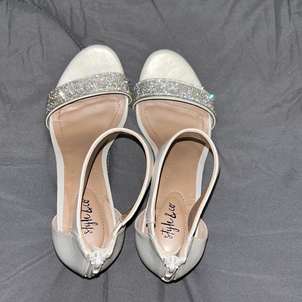 Shiny silver, low heels. Size 7.5 women’s